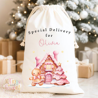 Pink Gingerbread House Personalised Christmas Sack