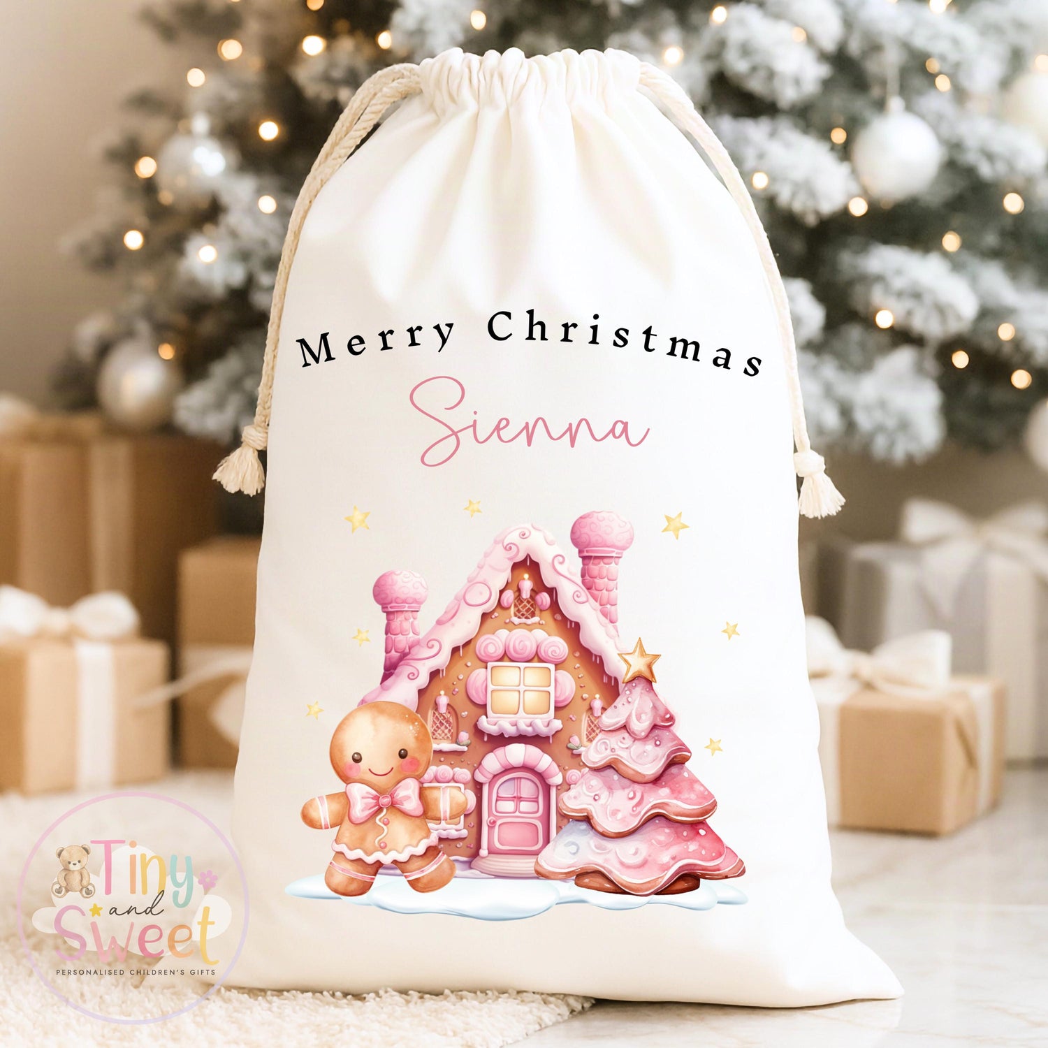 Pink Gingerbread House Personalised Christmas Sack