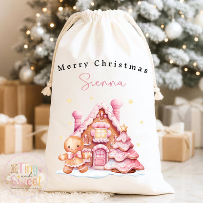 Pink Gingerbread House Personalised Christmas Sack