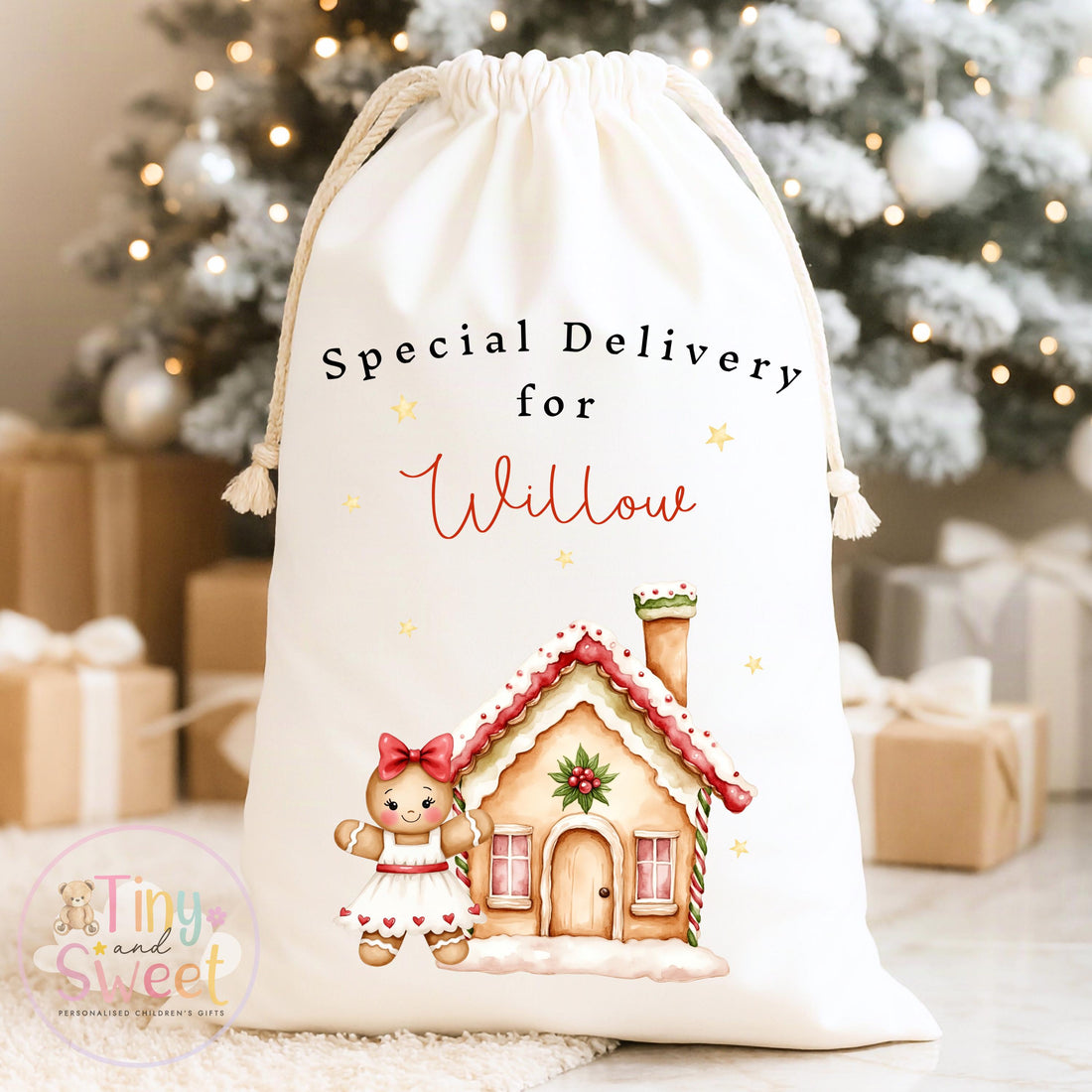 Cute Gingerbread House Personalised Christmas Sack