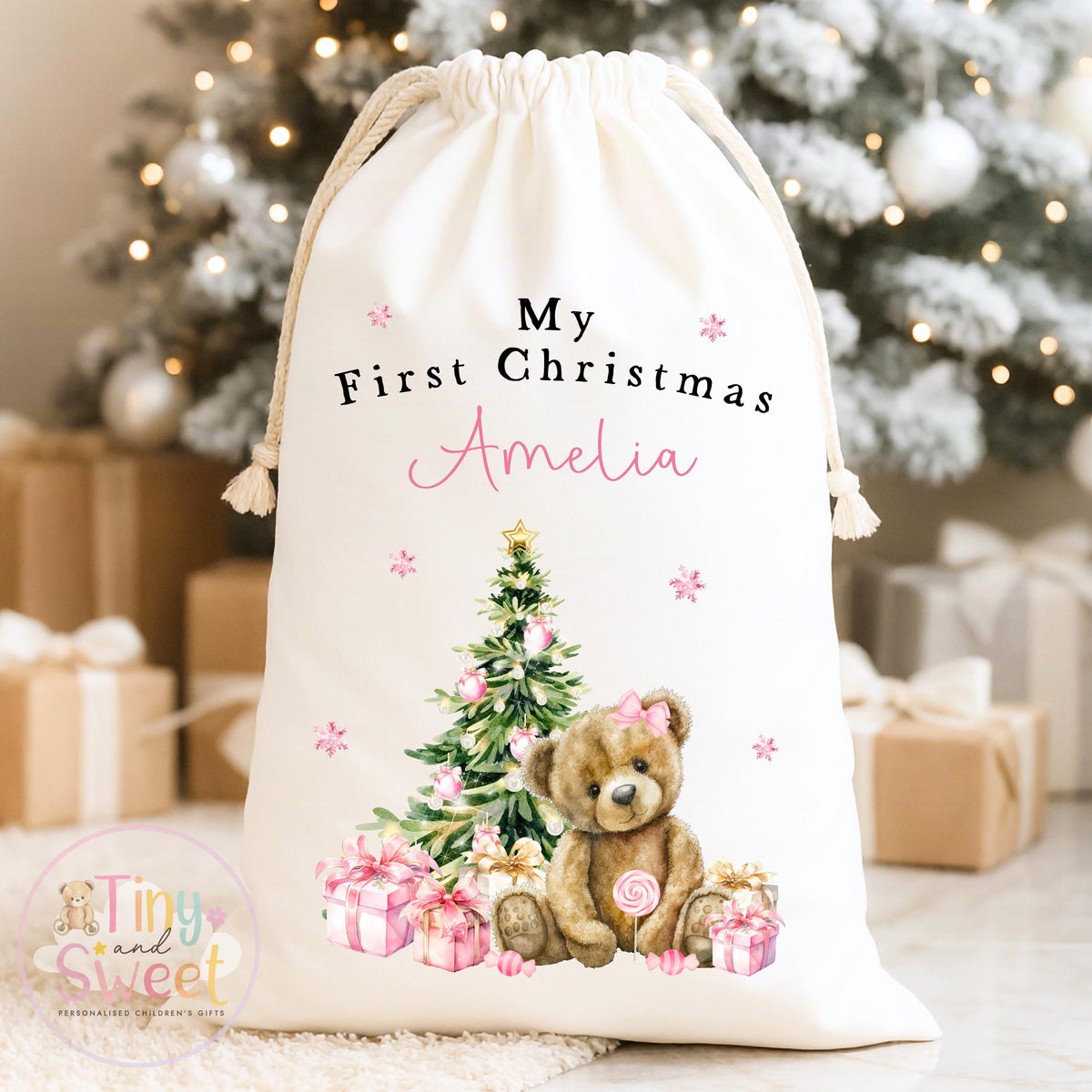 Pink Classic Teddy Personalised Christmas Sack