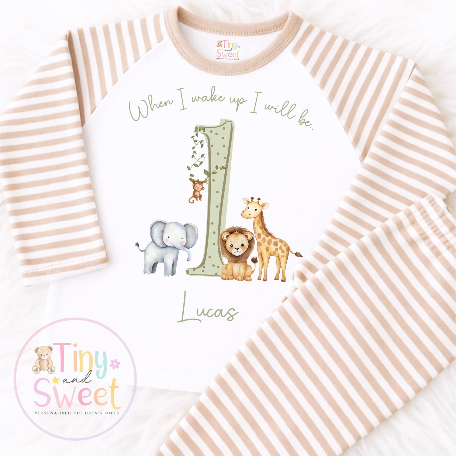 Personalised Safari Sage and Beige Birthday Pyjamas – Boys ‘When I Wake Up I’ll Be…’ PJs – Toddler Birthday Pjs, Tiger Elephant, Giraffe Pjs