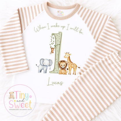 Personalised Safari Sage and Beige Birthday Pyjamas – Boys ‘When I Wake Up I’ll Be…’ PJs – Toddler Birthday Pjs, Tiger Elephant, Giraffe Pjs