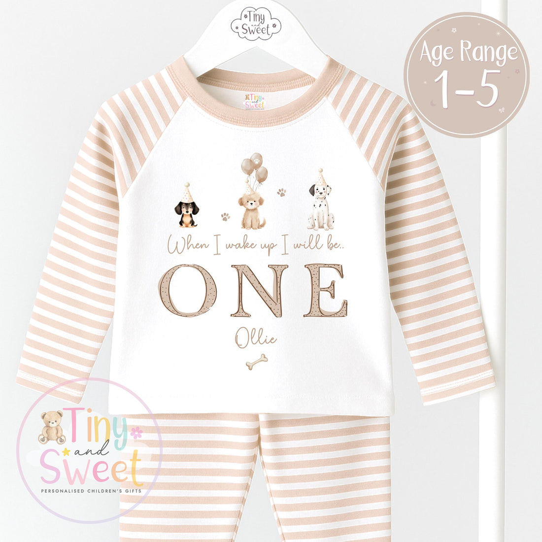Personalised Beige Puppy Birthday Pyjamas: When I wake up ill be.. Dog Birthday Pjs