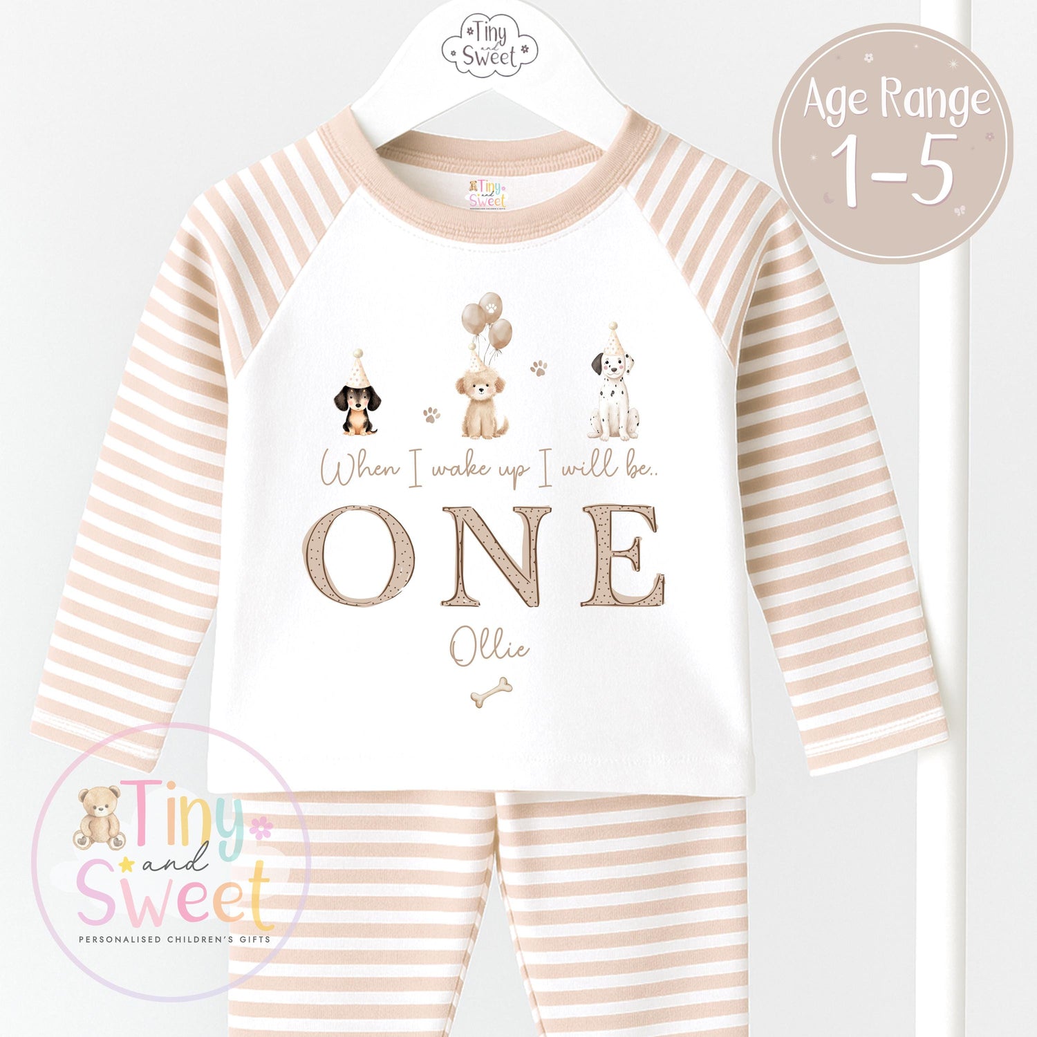 Personalised Beige Puppy Birthday Pyjamas: When I wake up ill be.. Dog Birthday Pjs