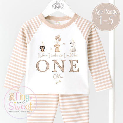 Personalised Beige Puppy Birthday Pyjamas: When I wake up ill be.. Dog Birthday Pjs