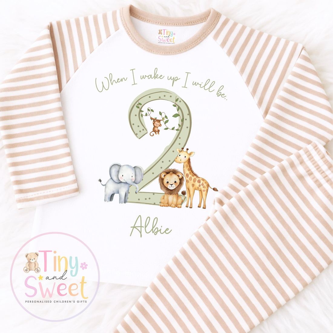 Personalised Safari Sage and Beige Birthday Pyjamas – Boys ‘When I Wake Up I’ll Be…’ PJs – Toddler Birthday Pjs, Tiger Elephant, Giraffe Pjs