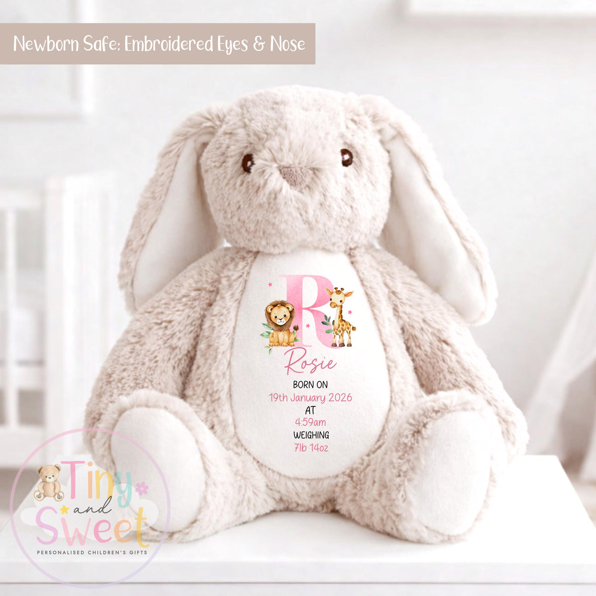Personalised New Baby soft Toy, New Birth Gift, New baby gift, Newborn Gift, Baby Keepsake, Baby shower gift, Birth stats, Teddy, Bunny