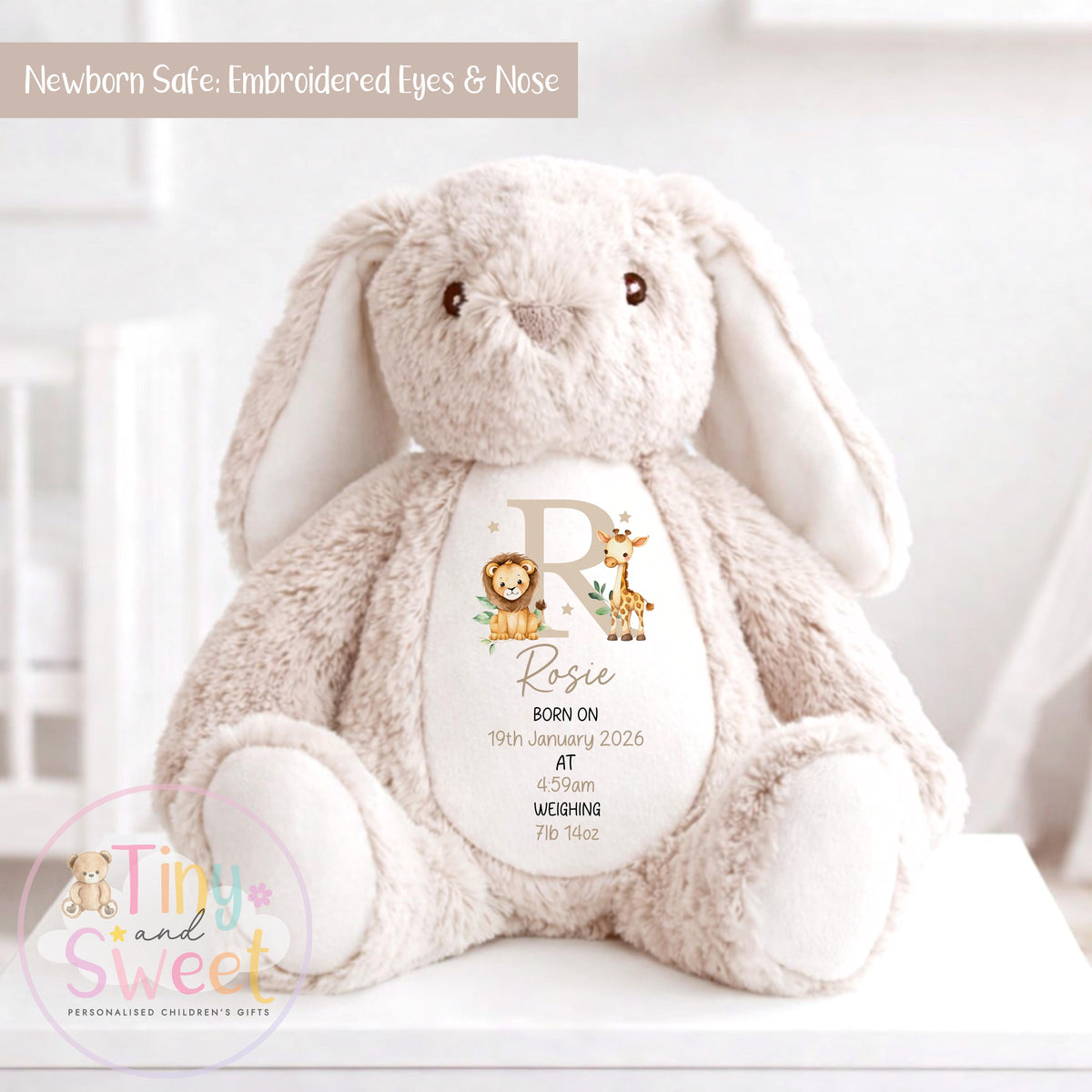 Personalised New Baby soft Toy, New Birth Gift, New baby gift, Newborn Gift, Baby Keepsake, Baby shower gift, Birth stats, Teddy, Bunny