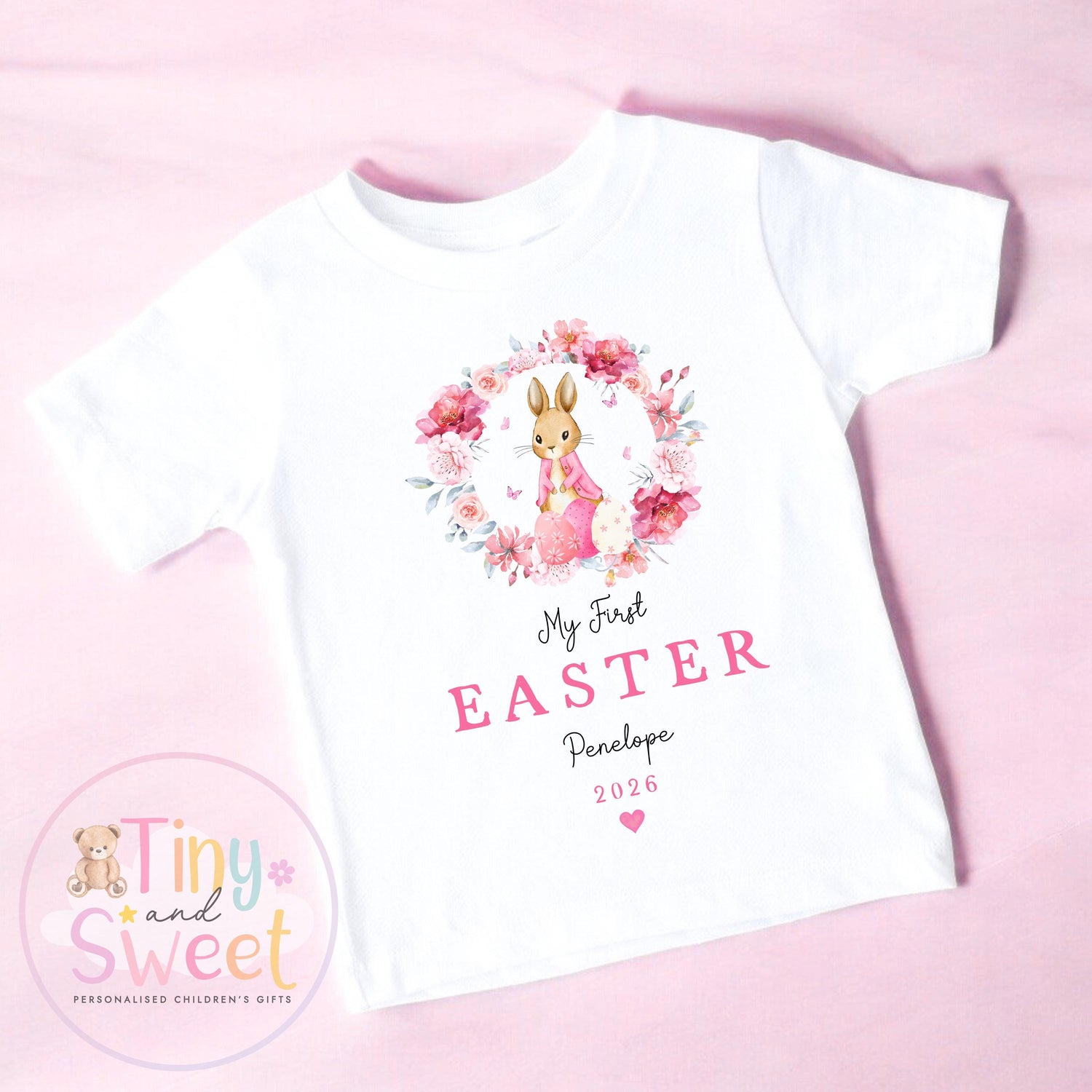 My First Easter Pink Floral Bunny Wreath Personalised Babygrow