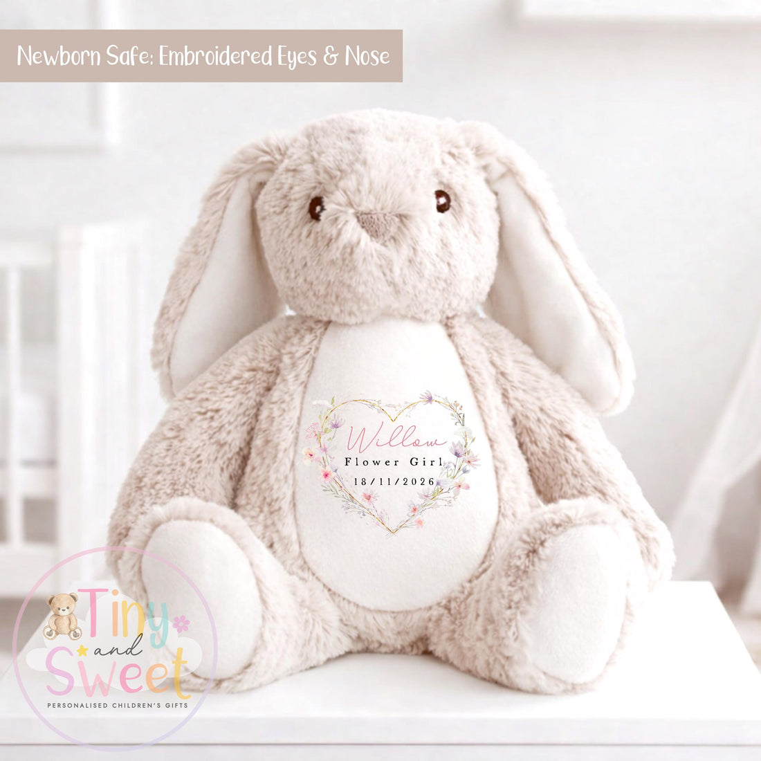 Heart Floral Wreath Personalised Flower Girl Soft Toy Bunny