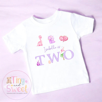 Personalised Pink Purple Dinosaur Birthday Sweatshirt, Custom Dino Birthday Tee, 1st, 2nd, 3rd, 4th