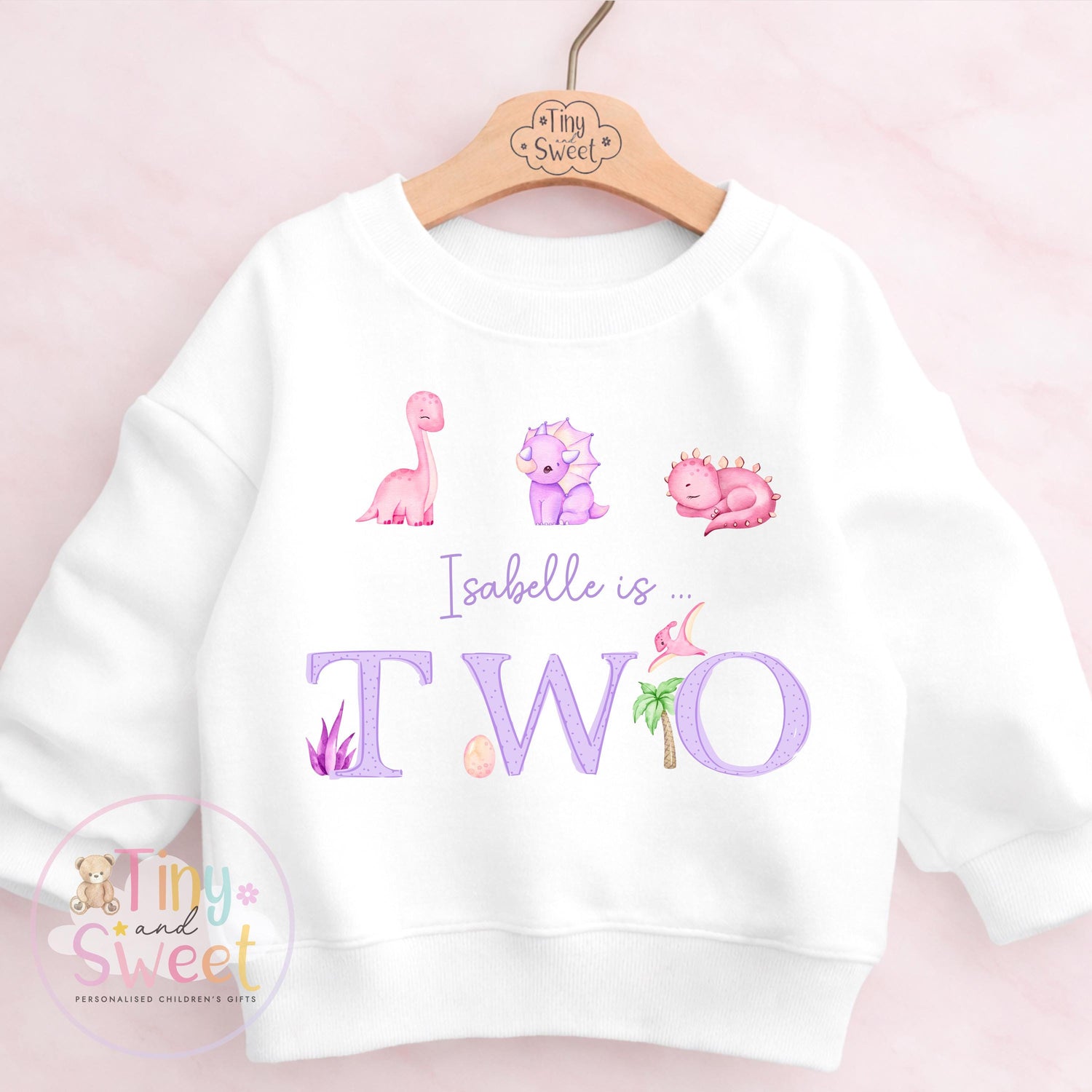 Personalised Pink Purple Dinosaur Birthday T Shirt, Custom Dino Birthday Sweatshirt, 1st, 2nd, 3rd, 4th