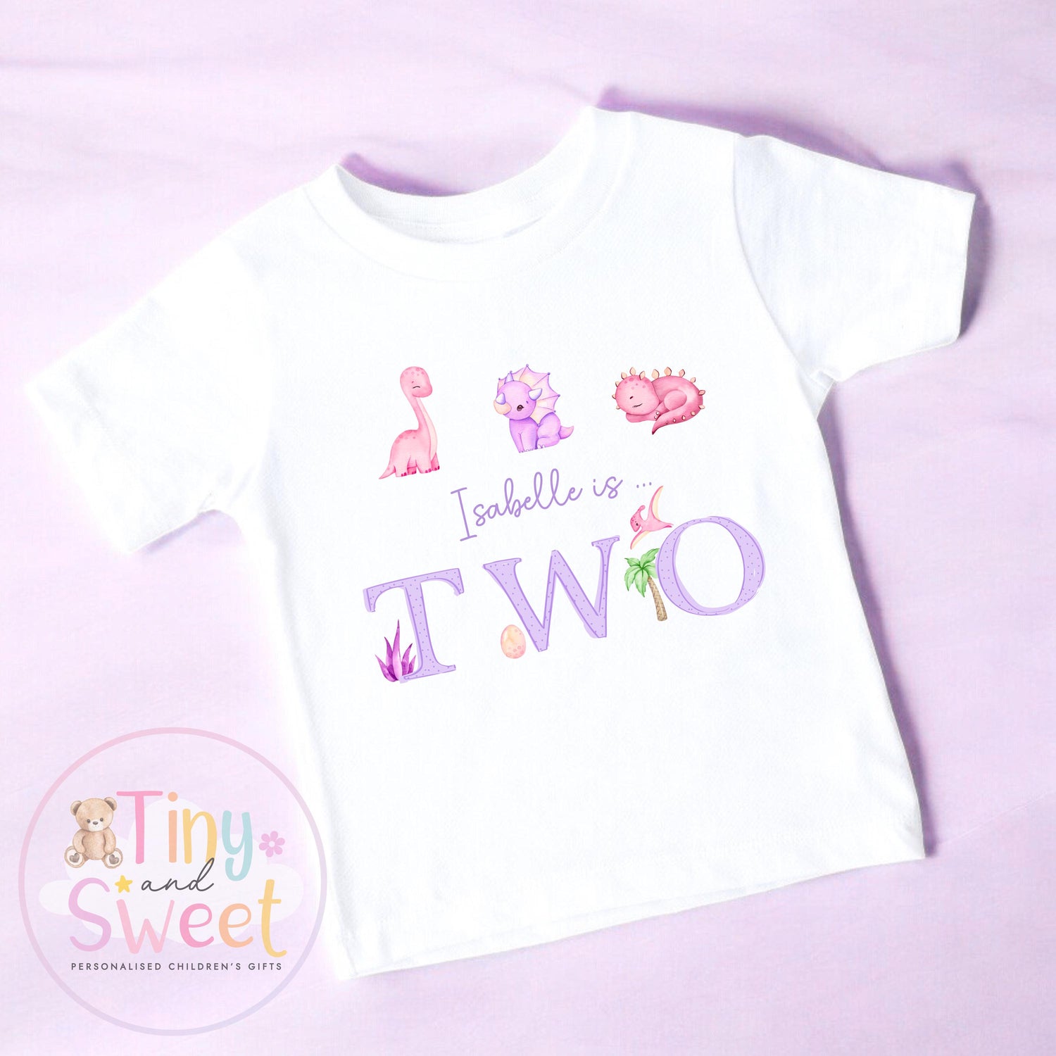 Personalised Pink Purple Dinosaur Birthday T Shirt, Custom Dino Birthday Sweatshirt, 1st, 2nd, 3rd, 4th