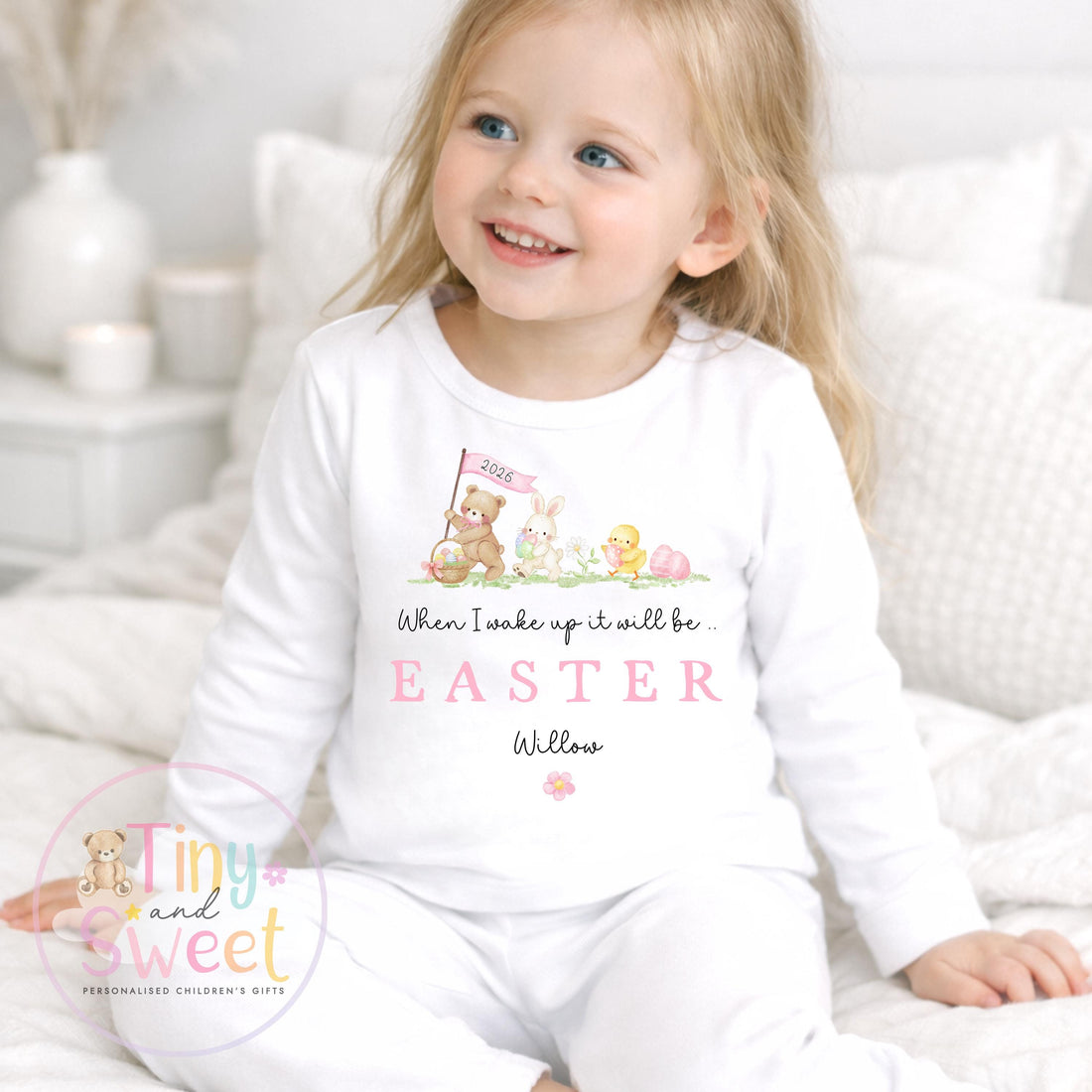Personalised Easter Pyjamas, Bunny Pjs, Childrens Spring Sleepwear, Easter Basket Gift, When i wake up it will be Easter