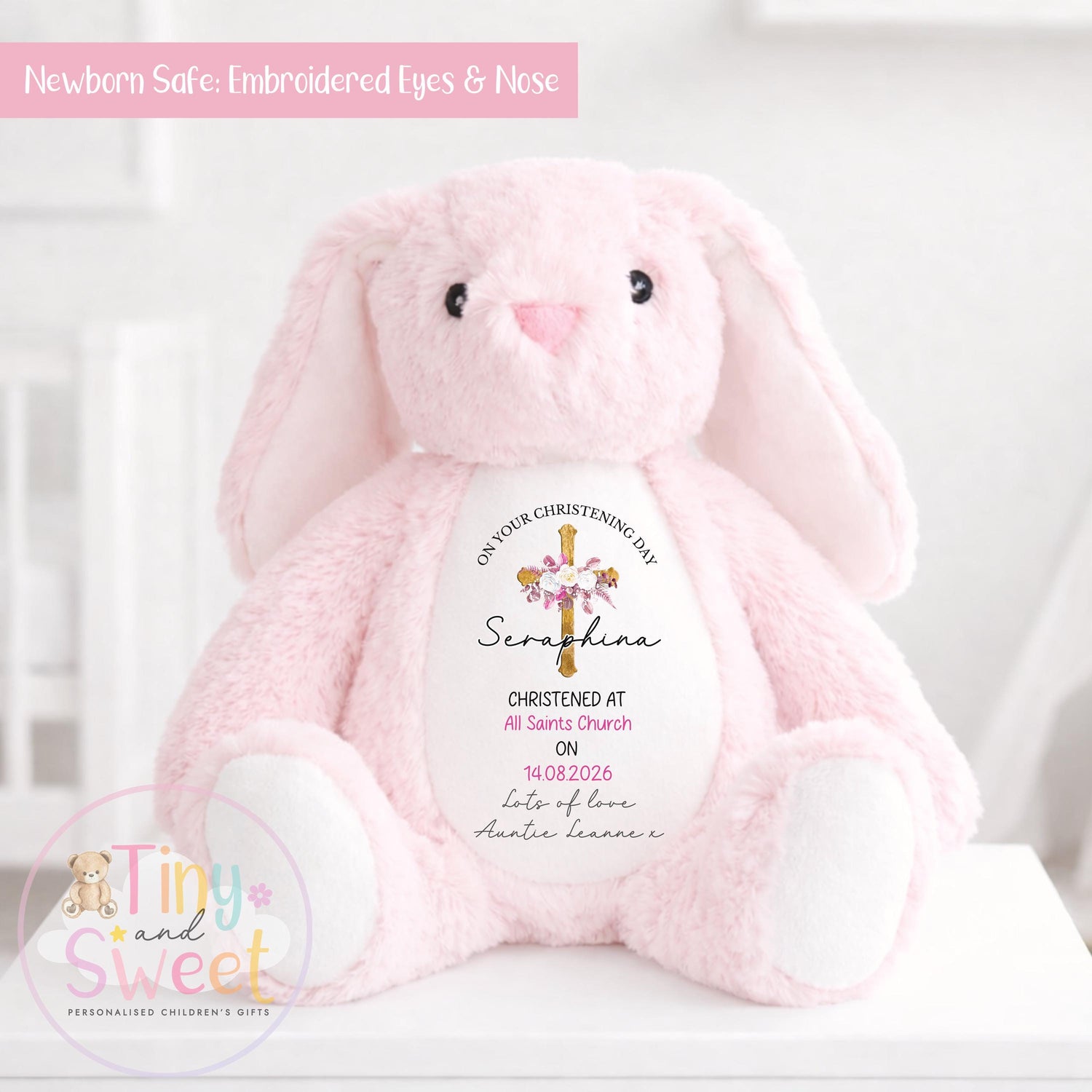 Personalised Christening Bunny Gift, Baptism, Dedication or Holy Communion Gift, Personalised Bunny for Baby’s Special Day
