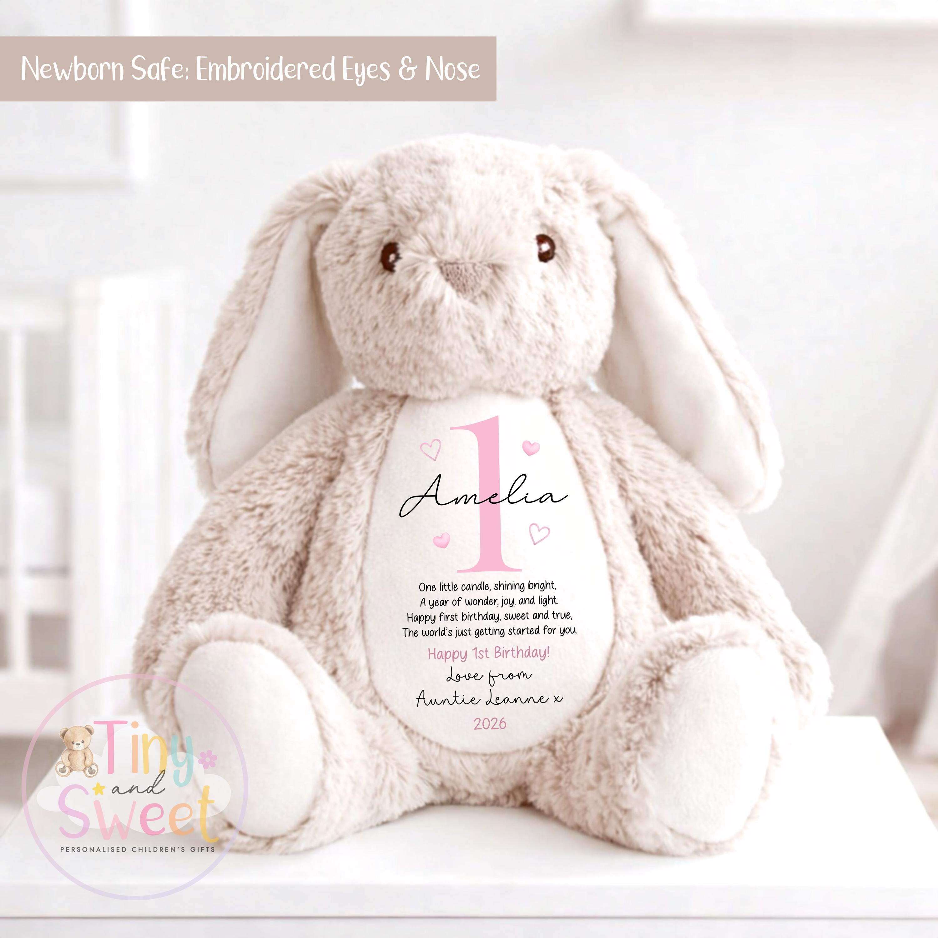 Personalised First Birthday Bunny: Customised Soft Plush Toy Gift for Baby Girls and Boys, Personalised 1st Birthday Gift, 1st Birthday Gift