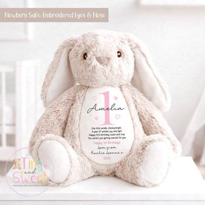 Personalised First Birthday Bunny: Customised Soft Plush Toy Gift for Baby Girls and Boys, Personalised 1st Birthday Gift, 1st Birthday Gift