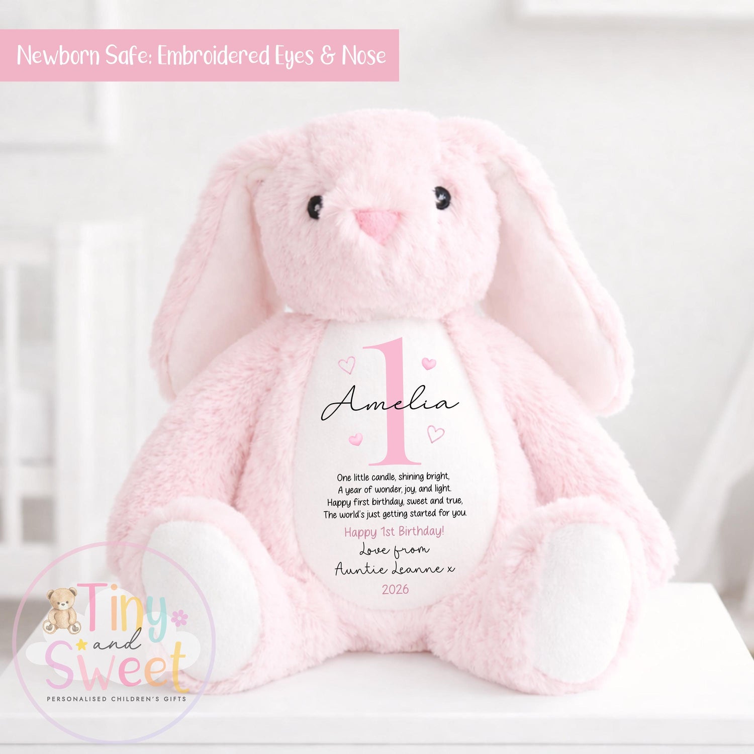 Personalised First Birthday Bunny: Customised Soft Plush Toy Gift for Baby Girls and Boys, Personalised 1st Birthday Gift, 1st Birthday Gift