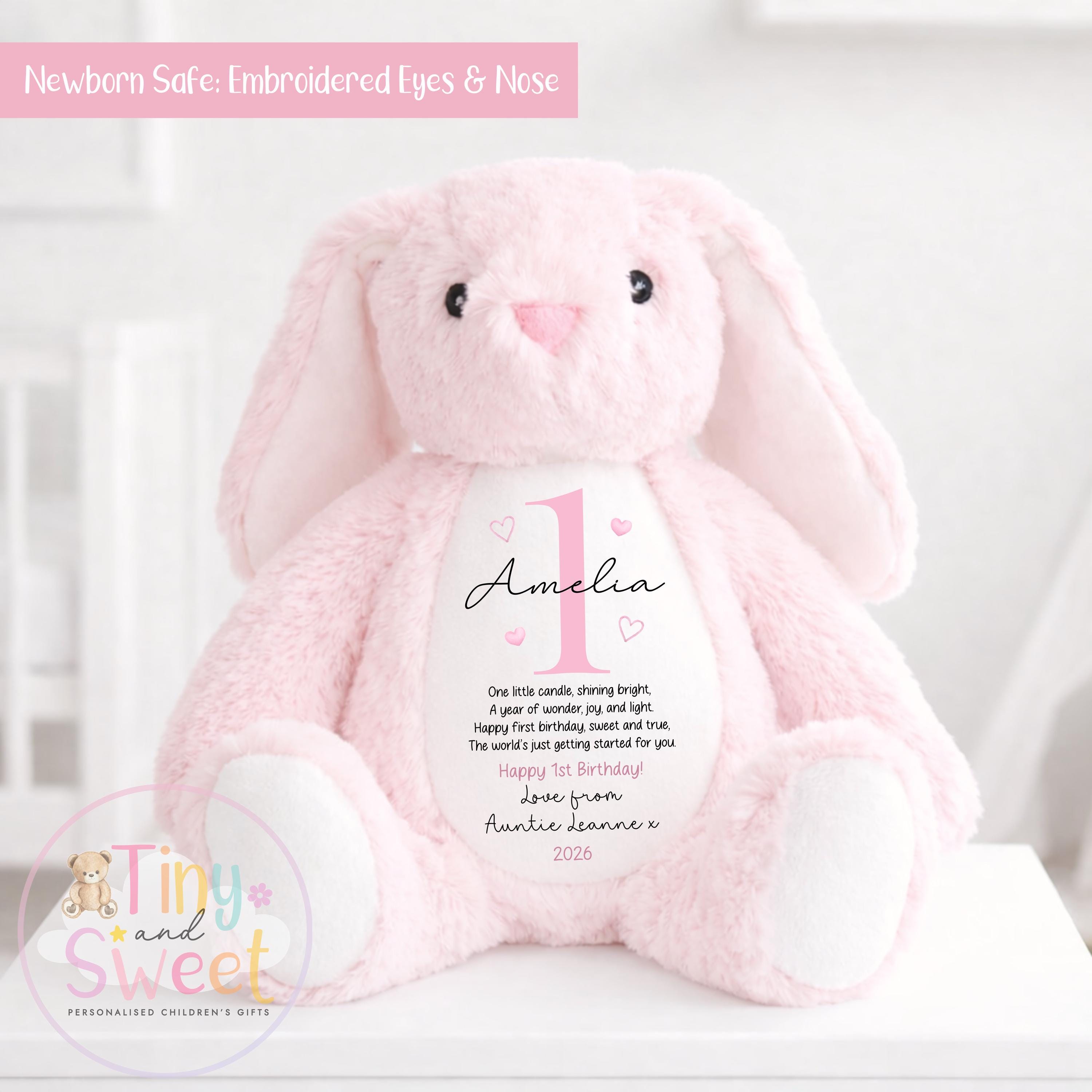 Personalised First Birthday Bunny: Customised Soft Plush Toy Gift for Baby Girls and Boys, Personalised 1st Birthday Gift, 1st Birthday Gift