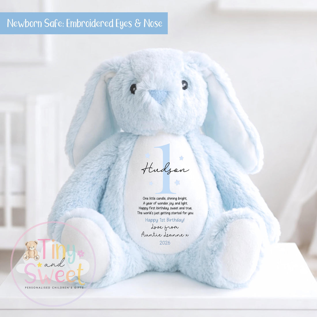 Personalised First Birthday Bunny: Customised Soft Plush Toy Gift for Baby Girls and Boys, Personalised 1st Birthday Gift, 1st Birthday Gift