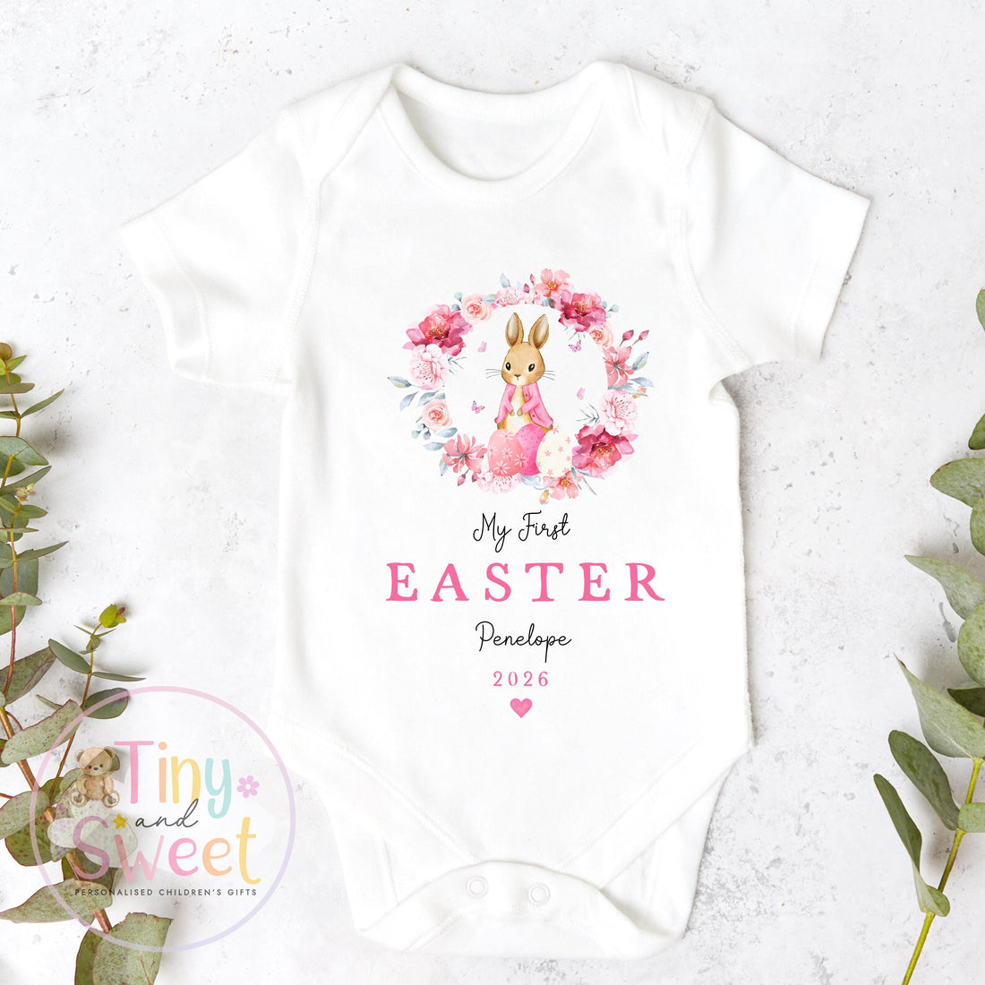 My First Easter Pink Floral Bunny Wreath Personalised Babygrow