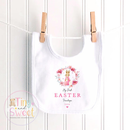 My First Easter Pink Floral Bunny Wreath Personalised Babygrow