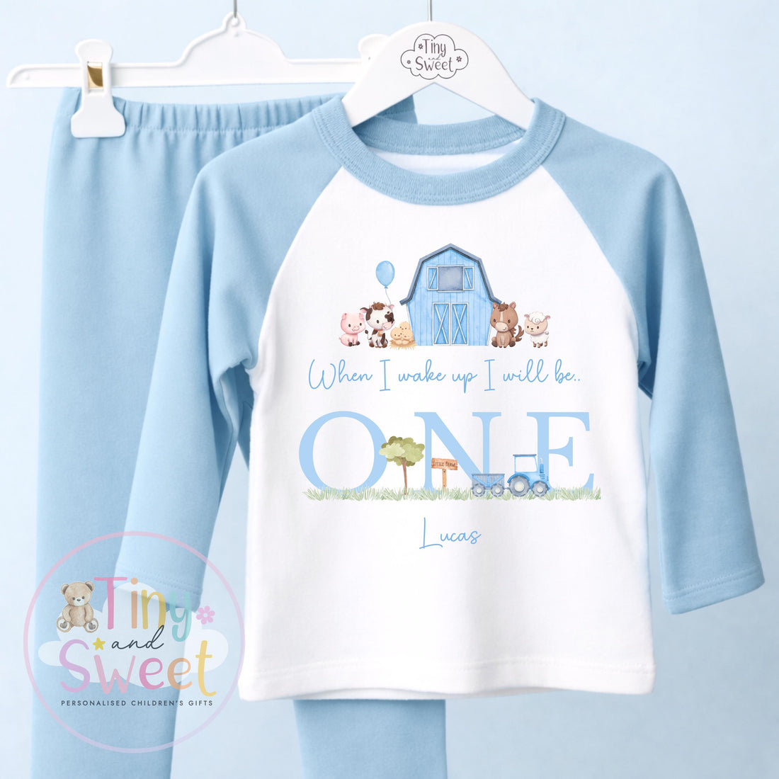 Blue Farm Birthday Outfit, When I Wake Up I’ll Be..., Blue Tractor &amp; Animals, Personalised Blue Farm Birthday Theme, 1st, 2nd, 3rd