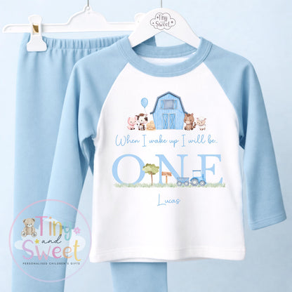Blue Farm Birthday Outfit, When I Wake Up I’ll Be..., Blue Tractor &amp; Animals, Personalised Blue Farm Birthday Theme, 1st, 2nd, 3rd