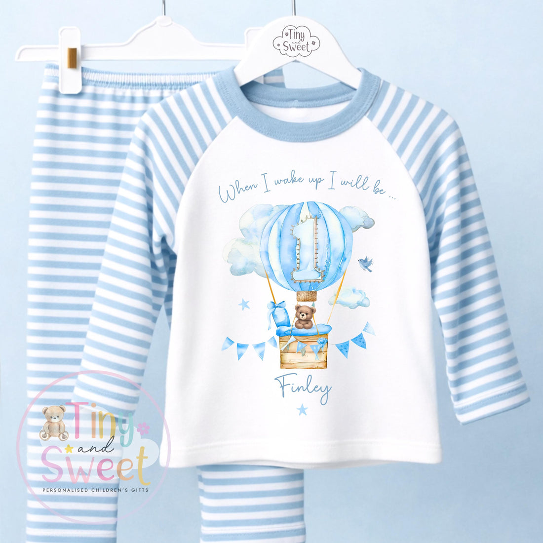 Personalised Blue Hot Air Balloon Birthday Outfit – Boys ‘When I Wake Up I’ll Be…’ – Toddler Birthday, Cute Teddy Bear