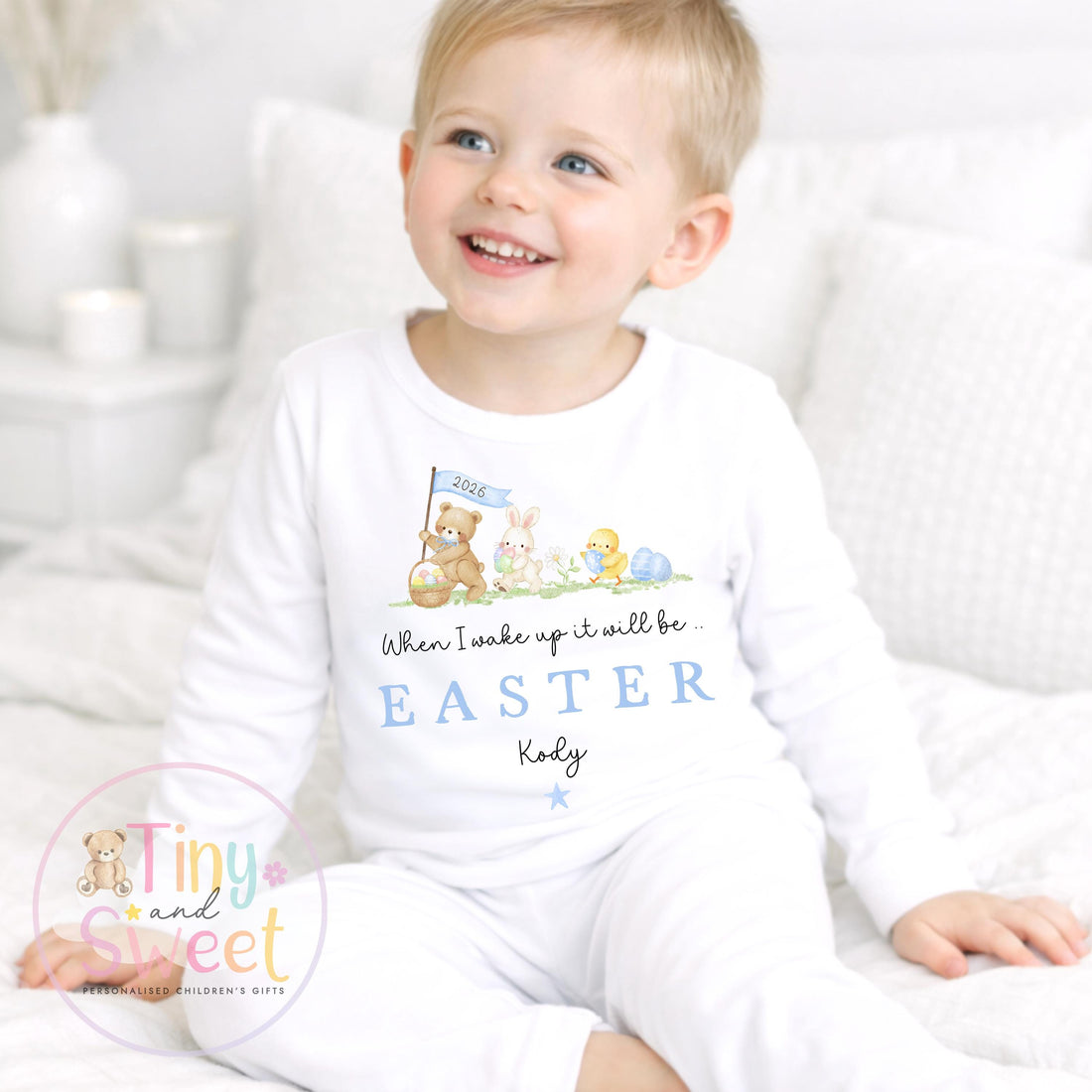 Personalised Easter Pyjamas, Bunny Pjs, Childrens Spring Sleepwear, Easter Basket Gift, When i wake up it will be Easter