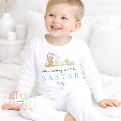 Personalised Easter Pyjamas, Bunny Pjs, Childrens Spring Sleepwear, Easter Basket Gift, When i wake up it will be Easter