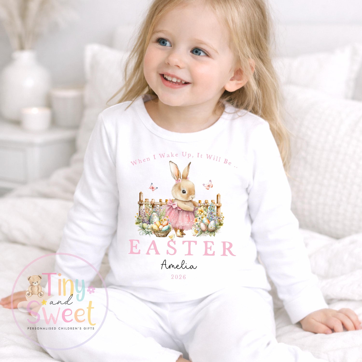 Personalised Easter Pyjamas, Bunny Pjs, Childrens Spring Sleepwear, Easter Basket Gift, When i wake up it will be Easter