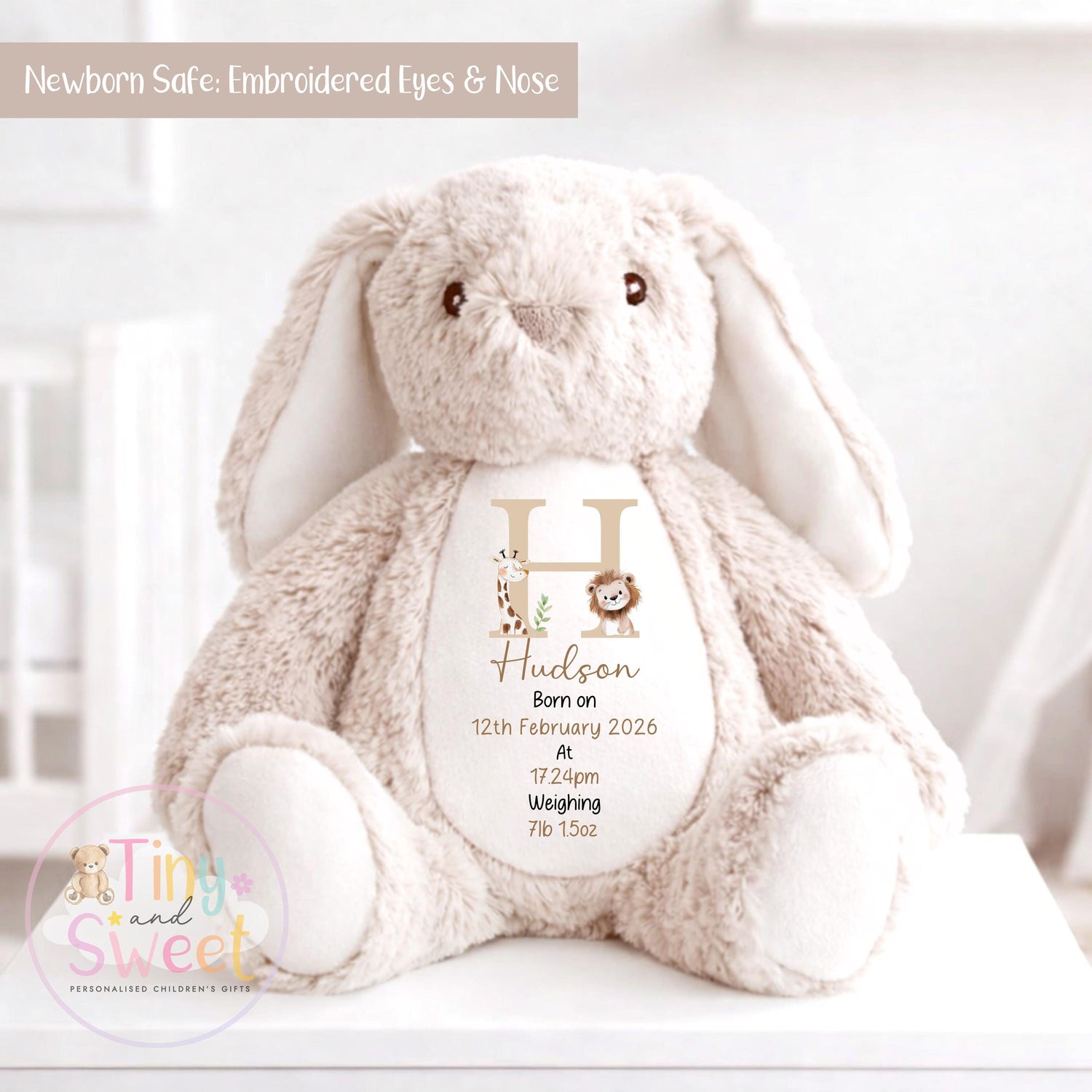 Personalised Birth Stat Safari Bunny, Newborn Baby Gift, Custom Soft Toy for Newborn, Birth Stats Soft Toy Keepsake, Personalised New Baby