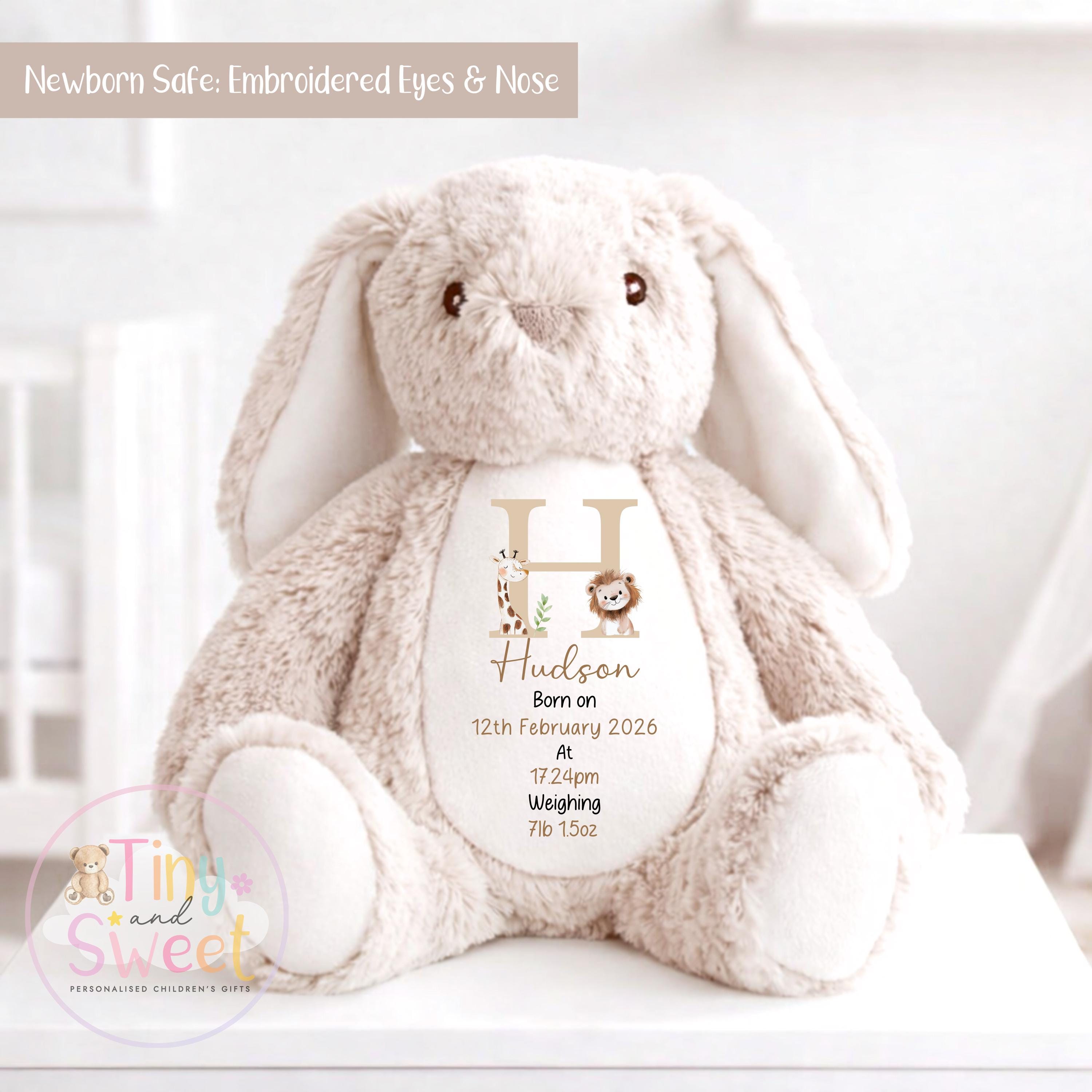 Personalised Birth Stat Safari Bunny, Newborn Baby Gift, Custom Soft Toy for Newborn, Birth Stats Soft Toy Keepsake, Personalised New Baby