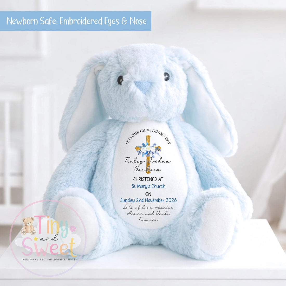 Personalised Christening Bunny Gift, Baptism, Dedication or Holy Communion Gift, Personalised Bunny for Baby’s Special Day