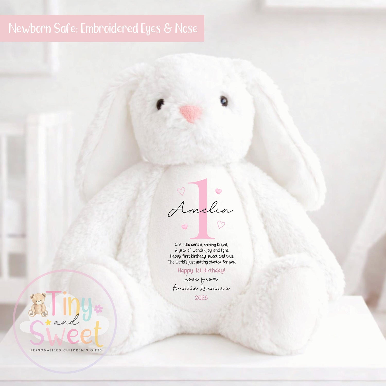 Personalised First Birthday Bunny: Customised Soft Plush Toy Gift for Baby Girls and Boys, Personalised 1st Birthday Gift, 1st Birthday Gift