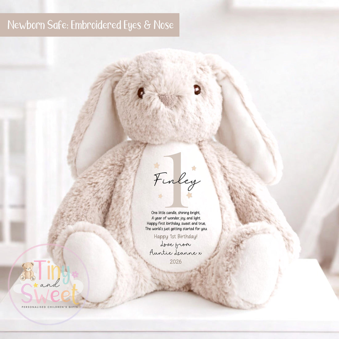 Personalised First Birthday Bunny: Customised Soft Plush Toy Gift for Baby Girls and Boys, Personalised 1st Birthday Gift, 1st Birthday Gift