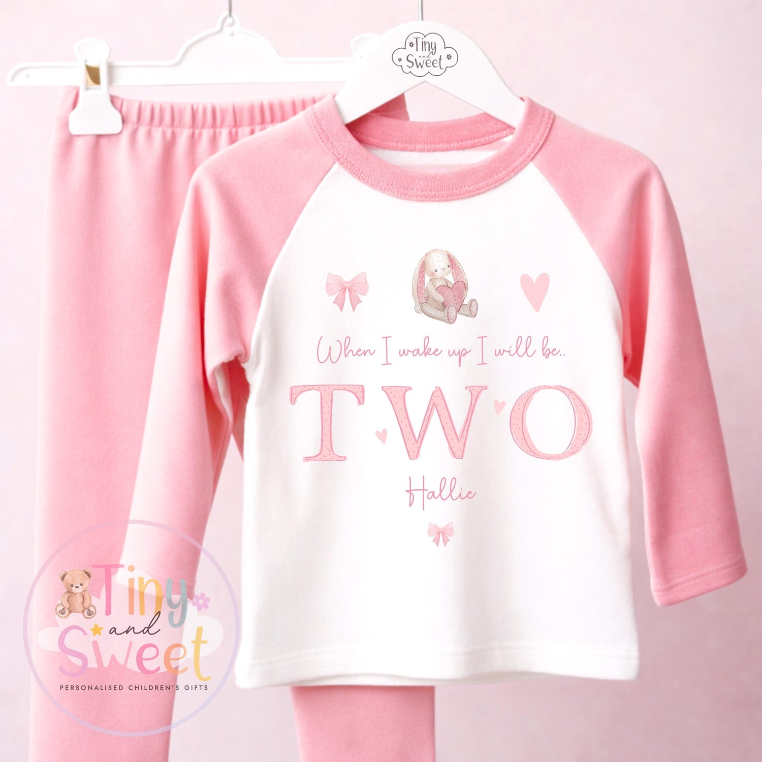 Personalised Bunny Birthday Pyjamas – Girls ‘When I Wake Up I’ll Be…’ – Toddler Birthday, Pjs, Pretty Pink Bunny Theme