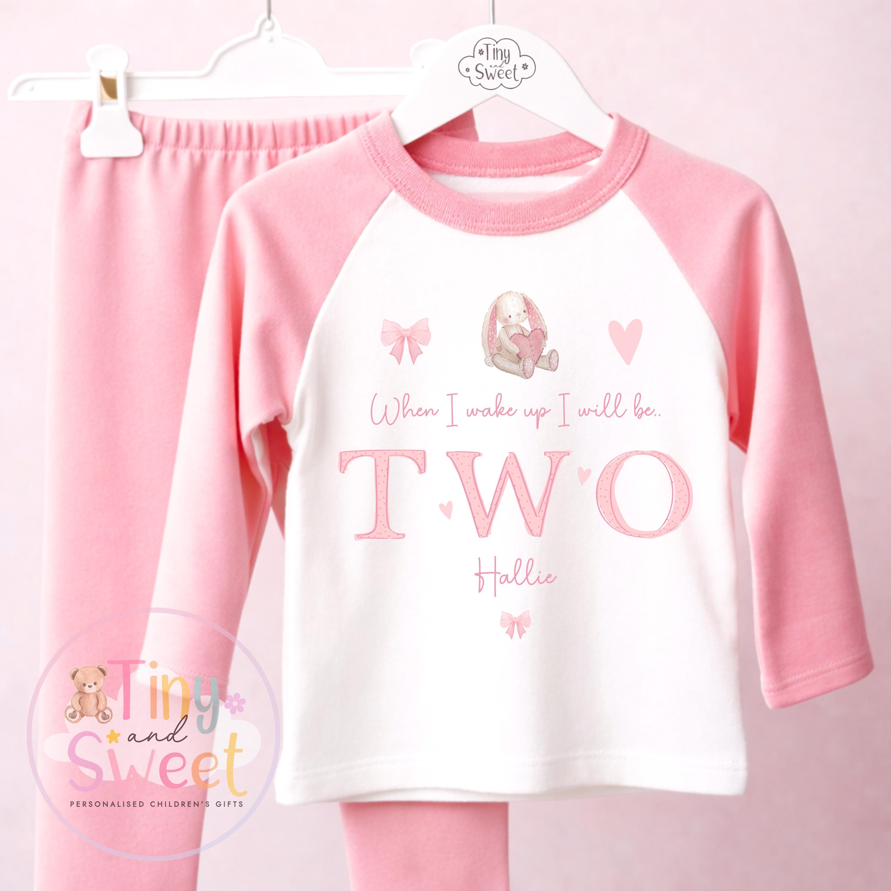 Personalised Bunny Birthday Pyjamas – Girls ‘When I Wake Up I’ll Be…’ – Toddler Birthday, Pjs, Pretty Pink Bunny Theme