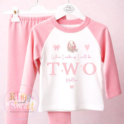 Personalised Bunny Birthday Pyjamas – Girls ‘When I Wake Up I’ll Be…’ – Toddler Birthday, Pjs, Pretty Pink Bunny Theme