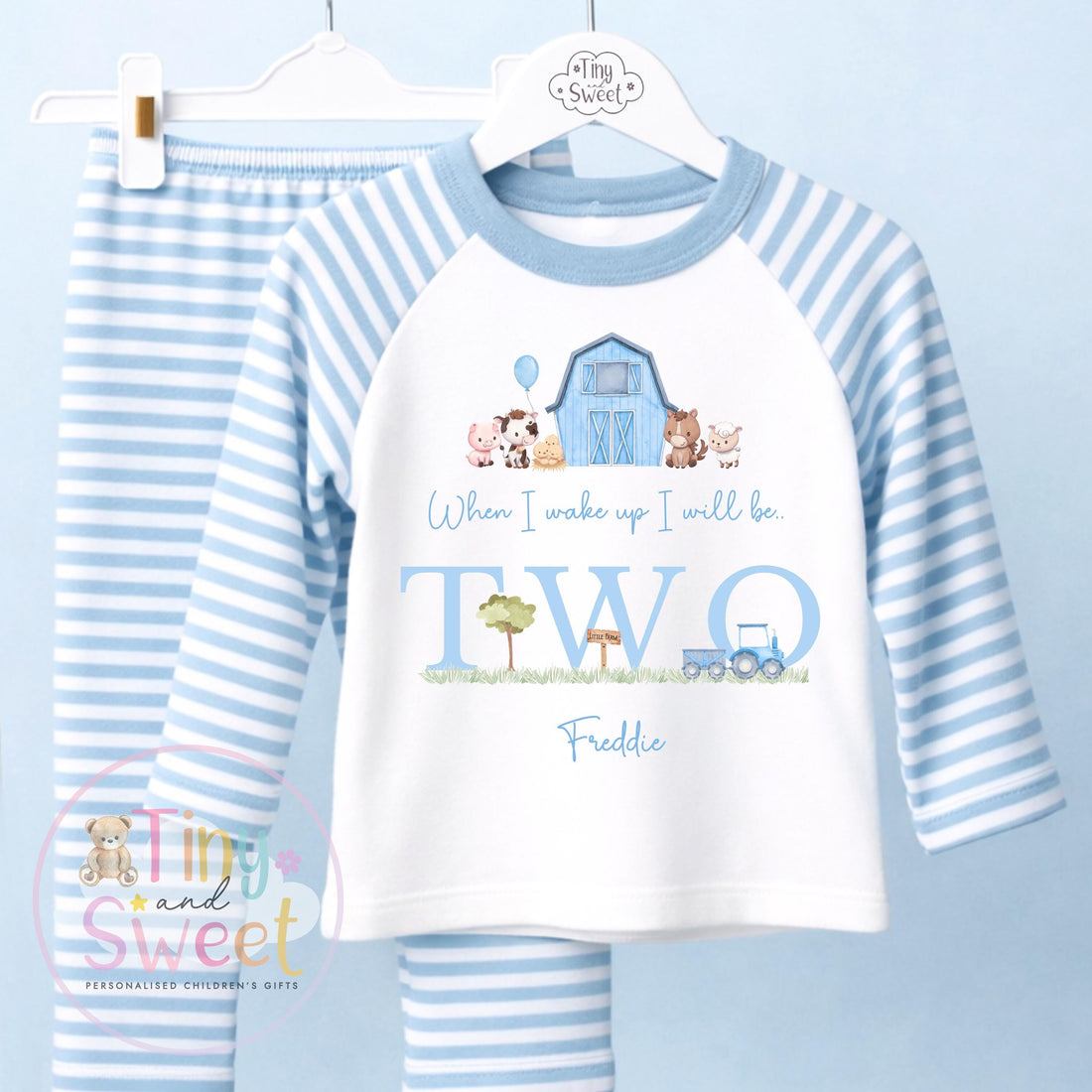 Blue Farm Birthday Outfit, When I Wake Up I’ll Be..., Blue Tractor &amp; Animals, Personalised Blue Farm Birthday Theme, 1st, 2nd, 3rd