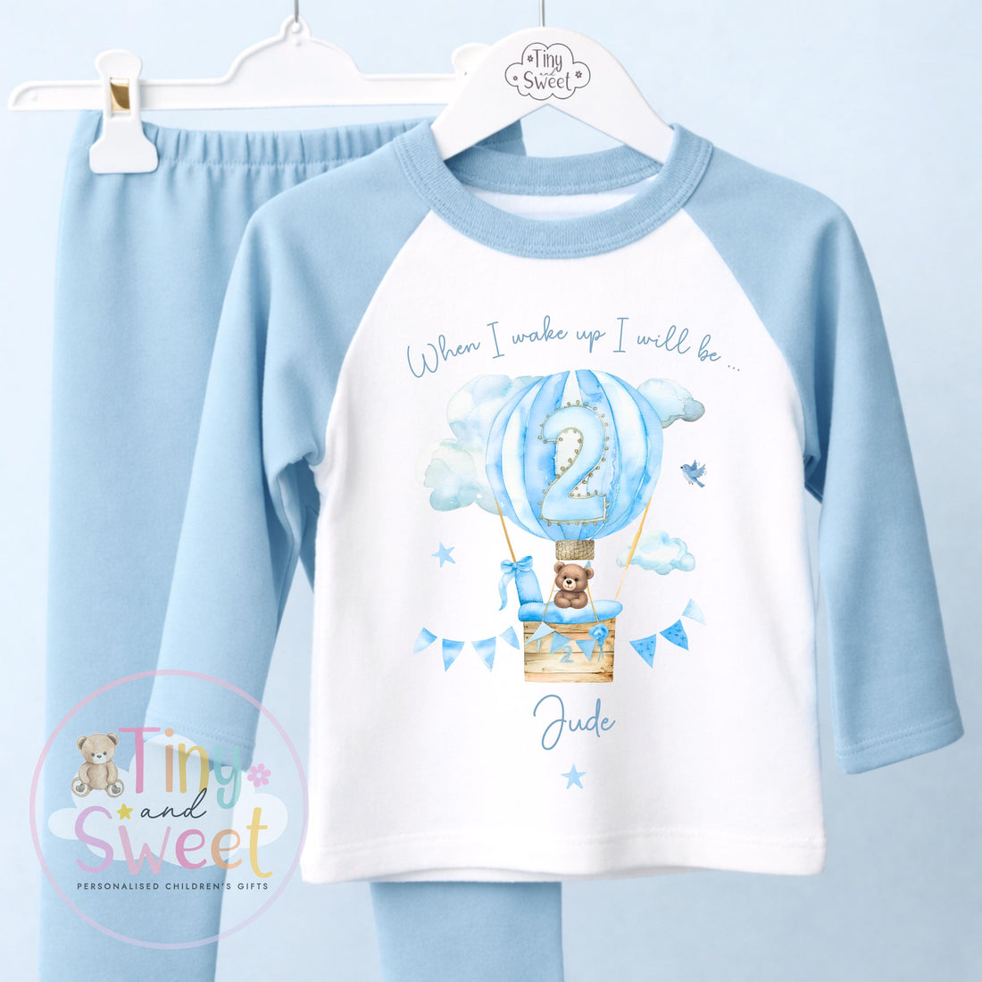 Personalised Blue Hot Air Balloon Birthday Outfit – Boys ‘When I Wake Up I’ll Be…’ – Toddler Birthday, Cute Teddy Bear