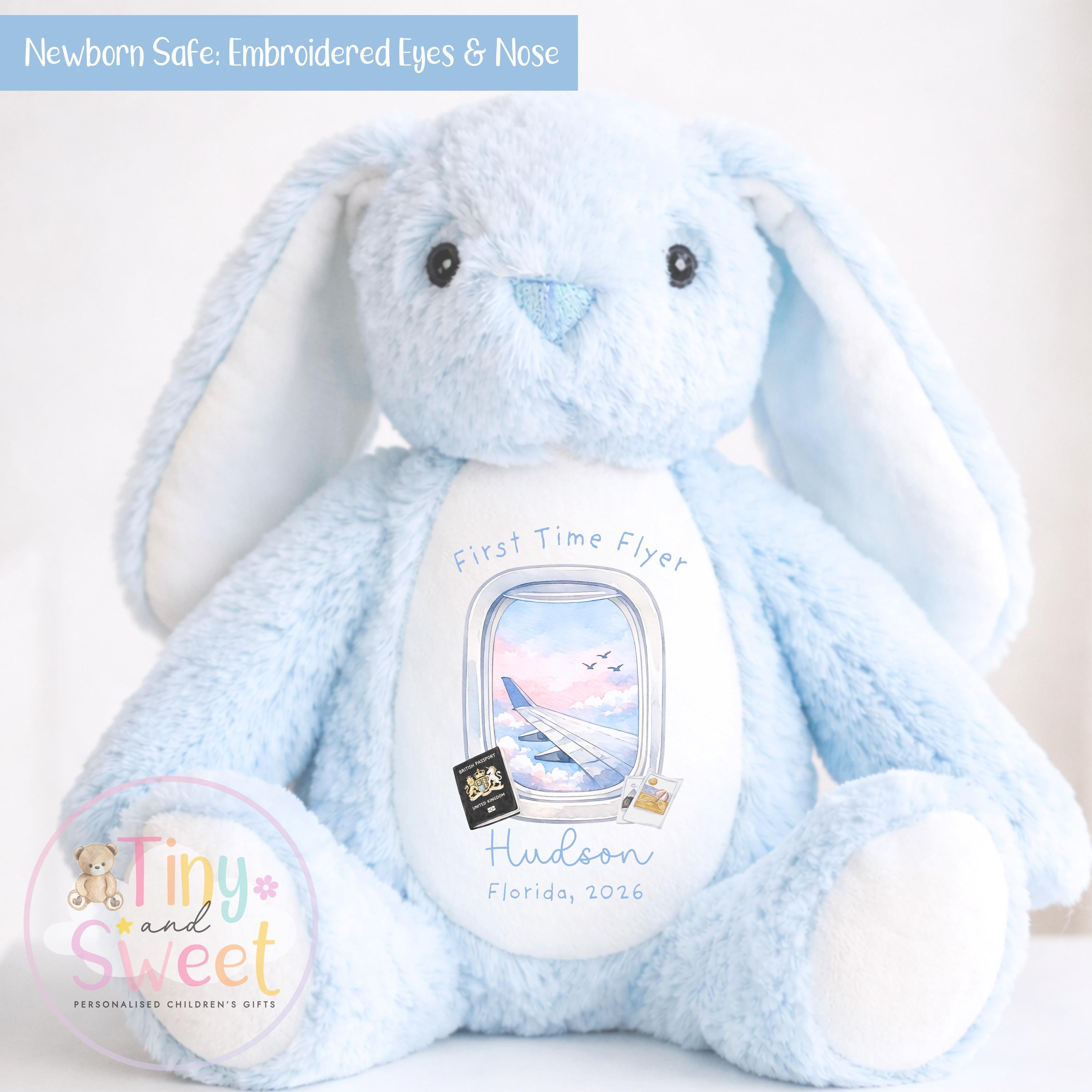 My First Flight Gift, 1st Time Flyer, Holiday Bunny Toy, Personalised Holiday Bunny, Soft Toy Keepsake, Name Bunny, Toddler Gift