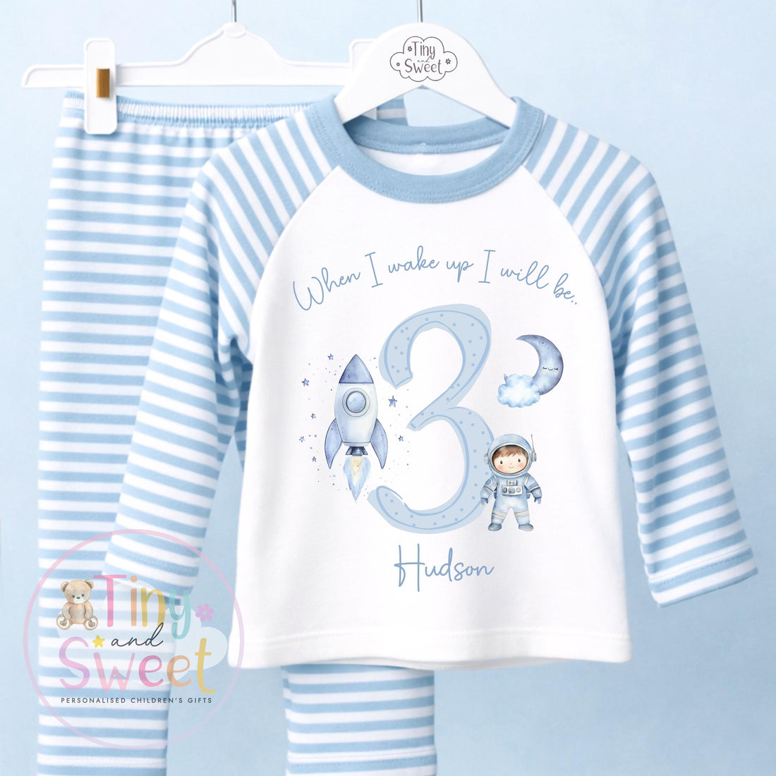 Space Blue Birthday Pyjamas, When I Wake Up I’ll Be…, Outer Space Universe Birthday Pjs, Boys Birthday, Space Theme