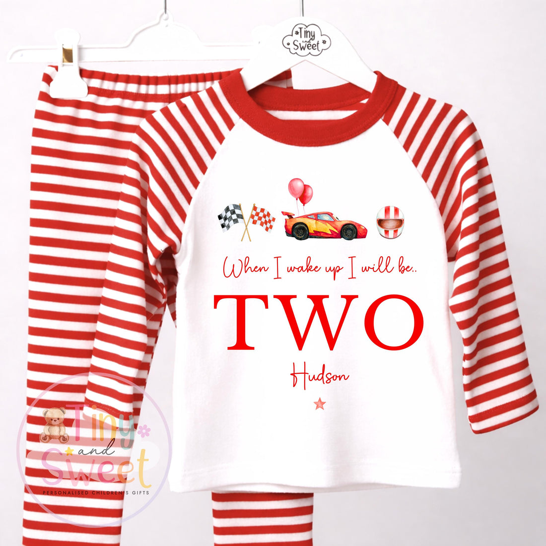 Personalised Red Racing Lightning Birthday Pyjamas – Boys ‘When I Wake Up I’ll Be…’ – Toddler Birthday, Pjs, Racing Car Red Lightening