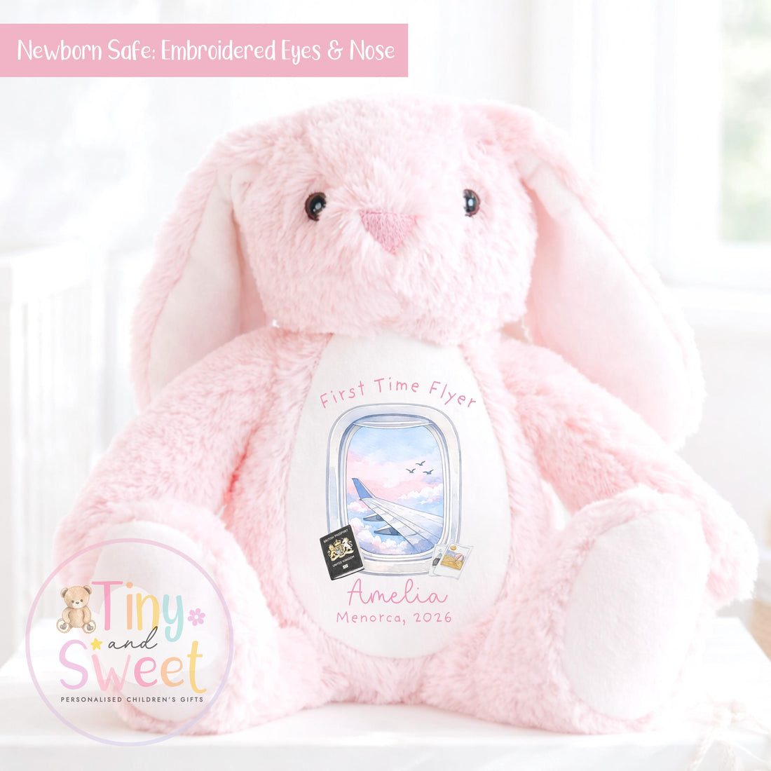 My First Flight Gift, 1st Time Flyer, Holiday Bunny Toy, Personalised Holiday Bunny, Soft Toy Keepsake, Name Bunny, Toddler Gift