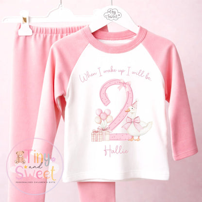 Personalised Pink Silly Goose Birthday Pyjamas – Girls ‘When I Wake Up I’ll Be…’ – Toddler Birthday Pjs, Pretty Goose Pink Theme