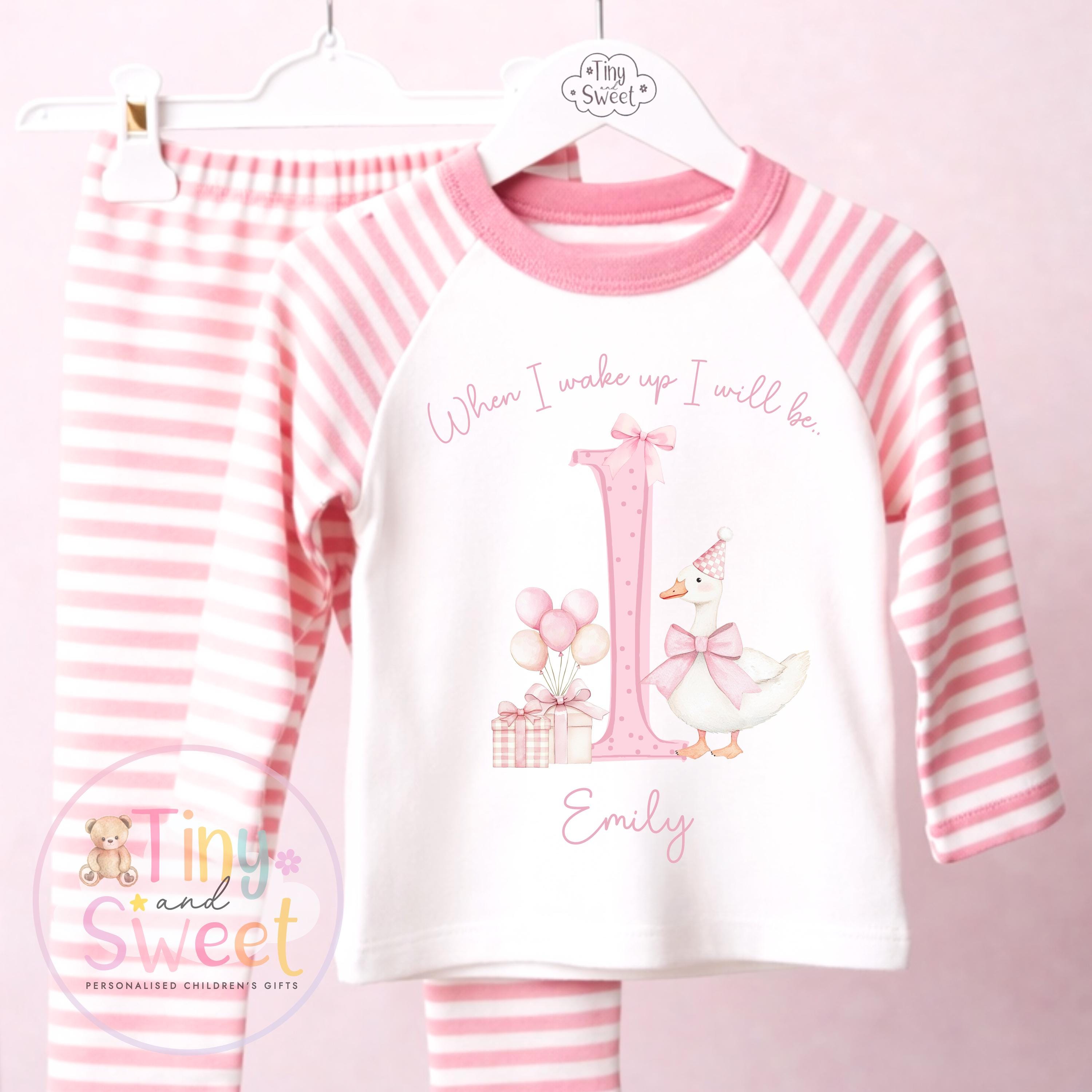Personalised Pink Silly Goose Birthday Pyjamas – Girls ‘When I Wake Up I’ll Be…’ – Toddler Birthday Pjs, Pretty Goose Pink Theme