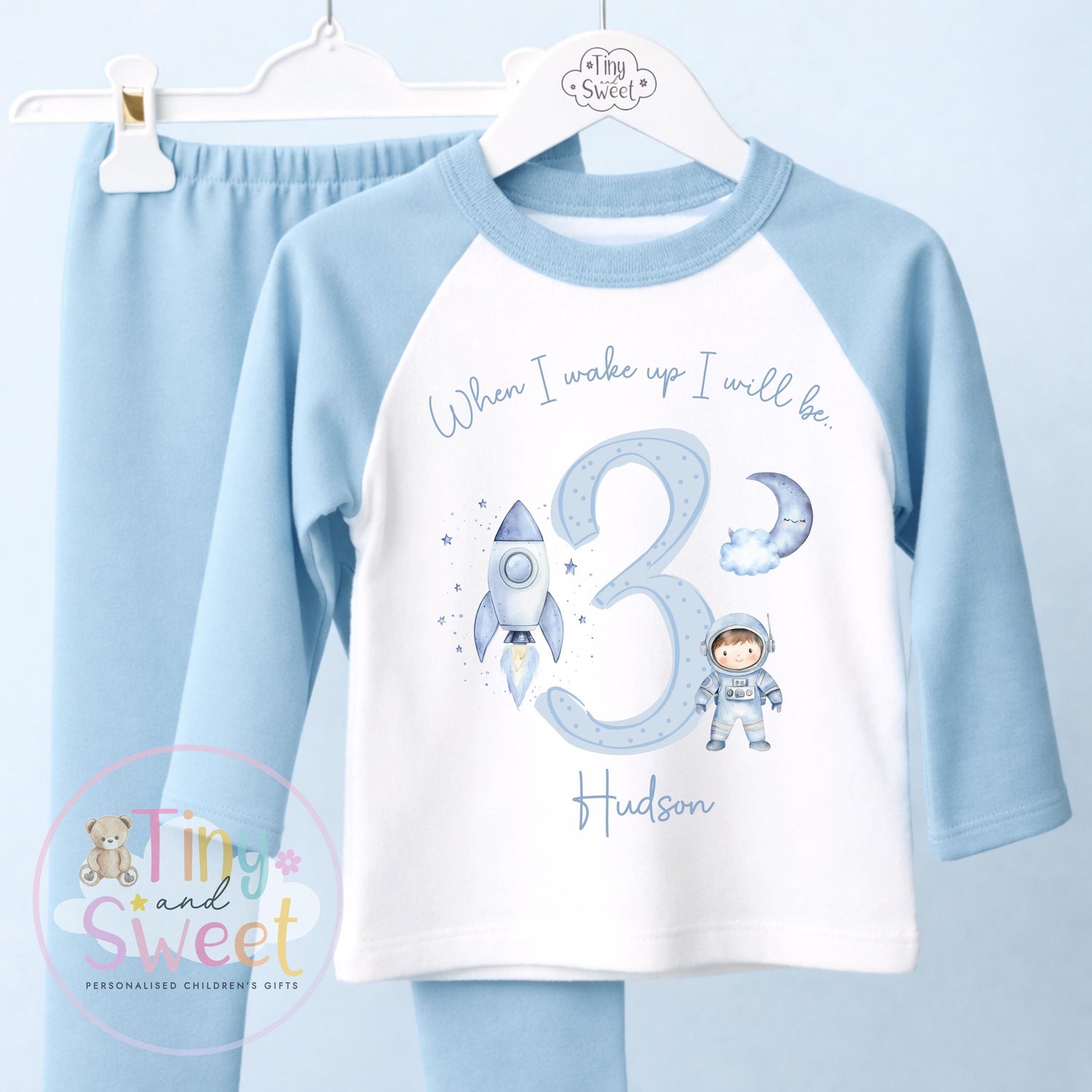 Space Blue Birthday Pyjamas, When I Wake Up I’ll Be…, Outer Space Universe Birthday Pjs, Boys Birthday, Space Theme